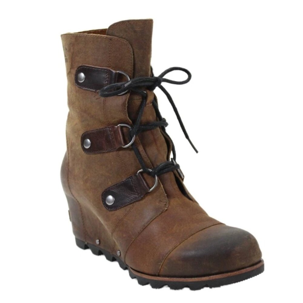 Sorel Joan of Arctic Brown Womens 9.5 Wedge Lace Up Distressed Leather Boots